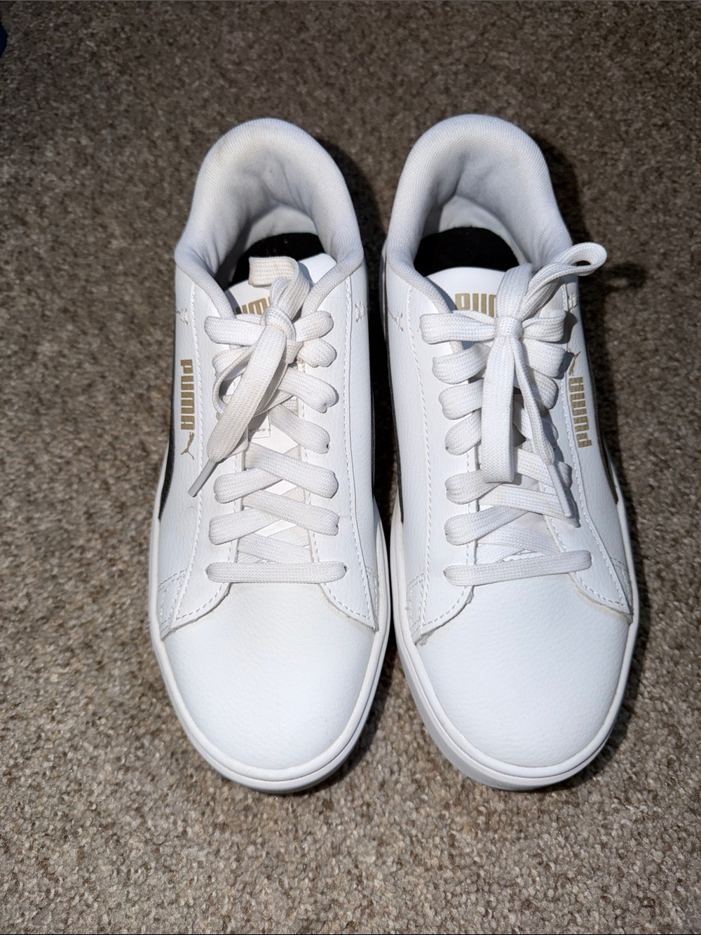 Puma White Leather Platform Sneakers with Black Formstrip and Gold Logo